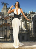 Glamorous Halter V-Neck White Maxi Dress with Black Corset Style Detail and Open Back for a Gala Event Gown