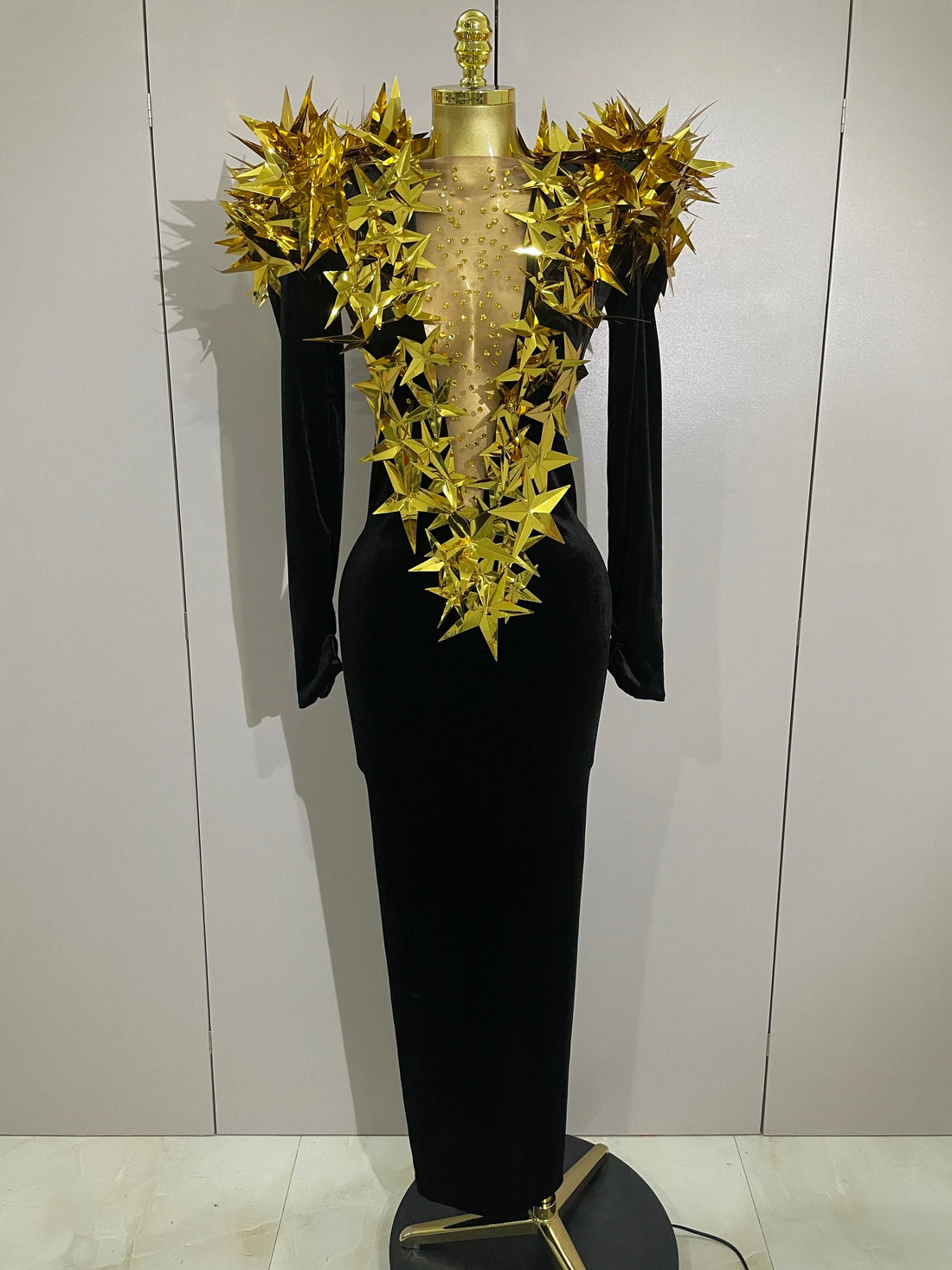 Shiny Gold Star Rhinestone Velvet Long Dress Women Evening Birthday Party Club Gala Hosts NightClub Bar Stage Costumes black