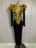 Shiny Gold Star Rhinestone Velvet Long Dress Women Evening Birthday Party Club Gala Hosts NightClub Bar Stage Costumes black