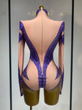 Luxury Rhinestone Elastic Long Sleeved Bodysuit Club Singer Dancer Stage Performa Costume Evening Party Outfit