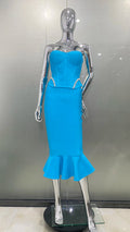 Blue Color Woman Bandage Set Shining Diamonds Strapless Top And Mid Calf Mermaid Skirt 2 Piece Set Cocktail Party Outfit Blue