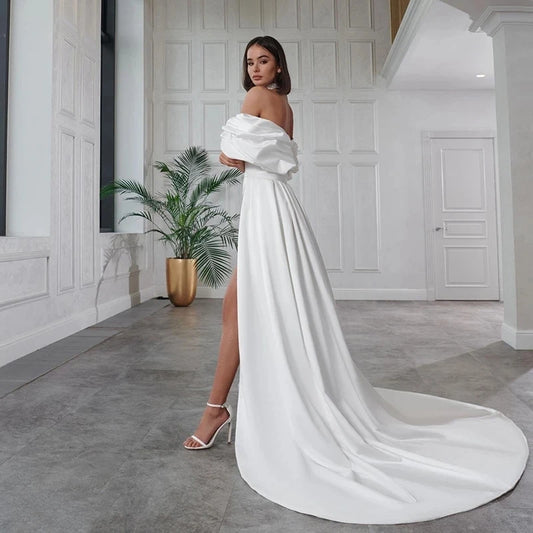 Gaun pengantin pendek dari gaun pengantin bahu yang dapat dilepas kereta custom boho boho tinggi/rendah untuk wanita menyesuaikan dengan ukuran
