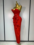 Newest Women Sexy Strapless Backless Red Flower Midi Bandage Dress Celebirty Elegant Evening Club Party Birthday Dresses