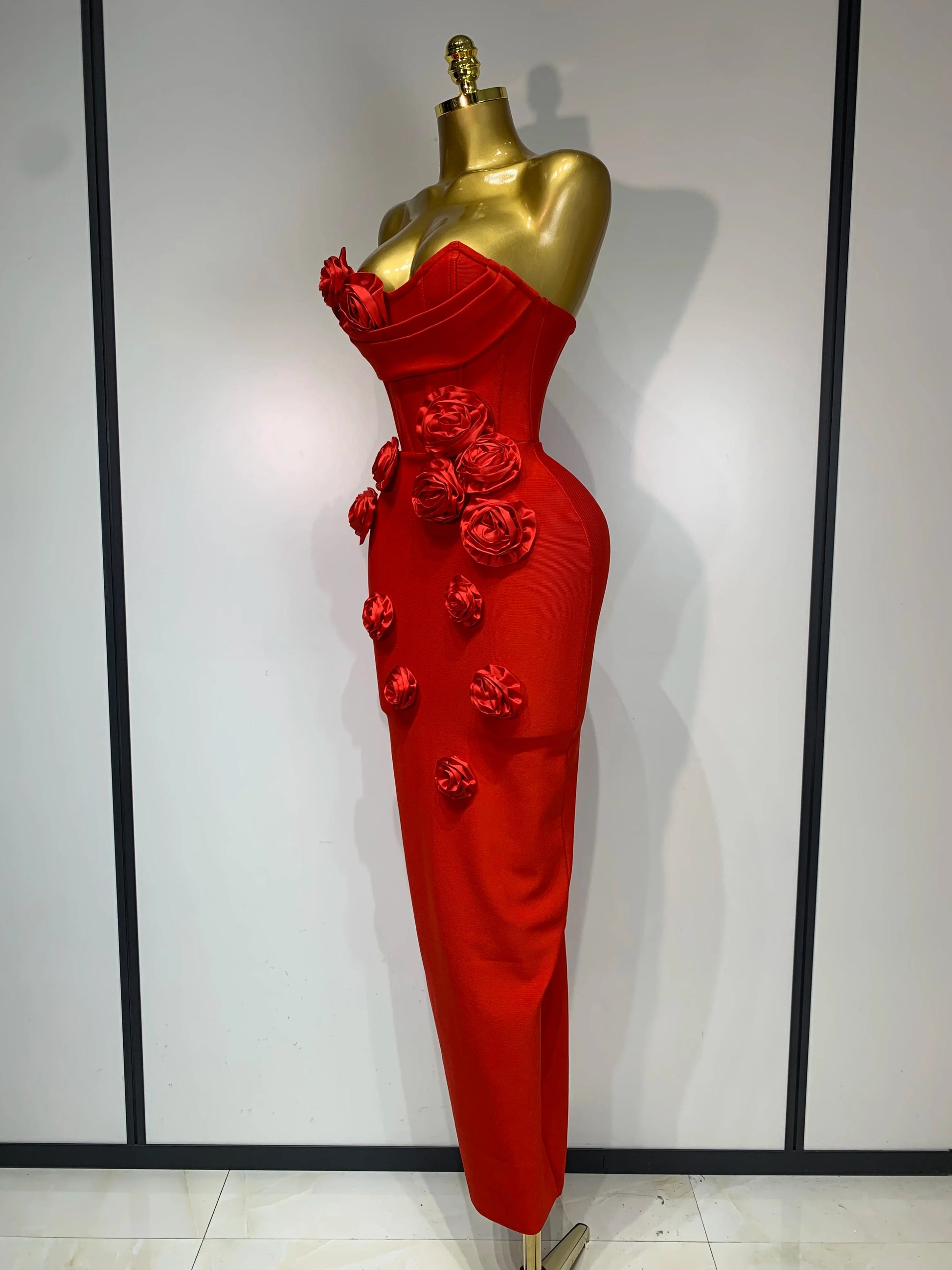 Newest Women Sexy Strapless Backless Red Flower Midi Bandage Dress Celebirty Elegant Evening Club Party Birthday Dresses
