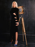 Hollow Out Sexy Black Dress Women Long Sleeve Fashion Ruffle Night Club Party Wear Soft Velvet Maxi Dress Vestidos