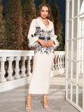 Elegant Women's Long Bandage Dresses with Polo Collar Long Sleeves Feather Decoration Bodycon Print Design Dress+Belt