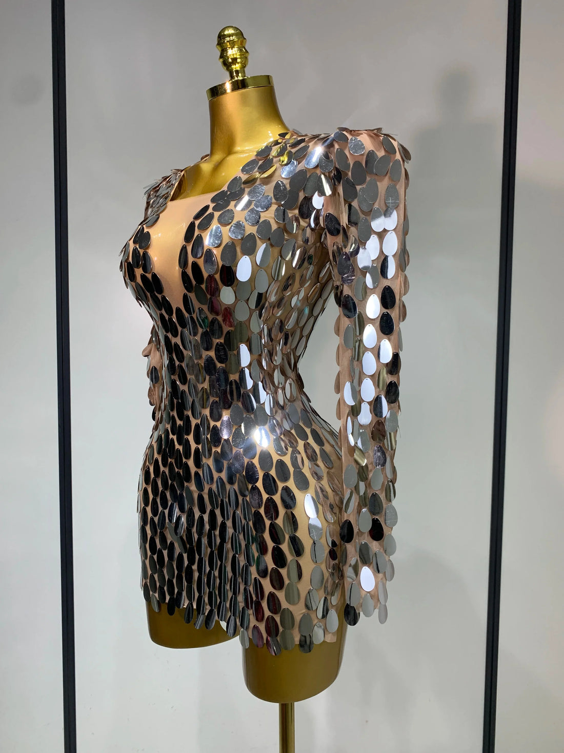 Women Sexy Mesh Stretch Sparkly Sequins Stage Performance Costume Dancer Singer Nightclub Evening Party Luxury Birthday Dress Silver