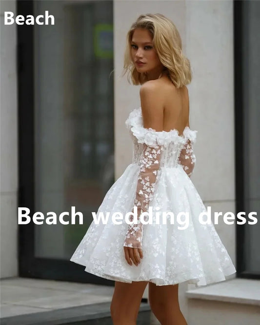 Langarm kurze Spitze Brautkleider Eine Linie 3D Blumen Mini Braut Kleid von der Schulter Hochzeitskleider