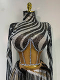 Sparkly Diamond Sequin Tassels Sexy Mesh Long Sleeved Two Piece Set Women Sexy Evening paty Birthday Nightclub Stage Costume