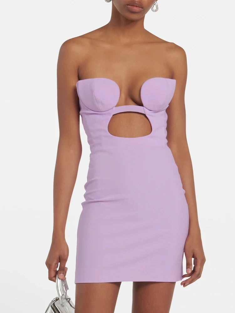 Sexy Strapless Mini Dress Women Chic Classy Hollow Out Ring Sleeveless Bodycon Bandage Dress Summer Trendy