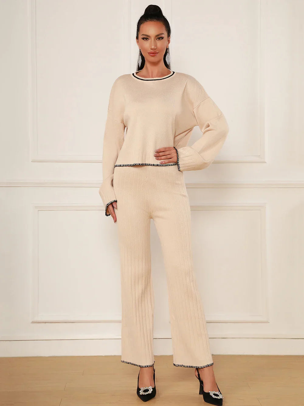 Spring Casual Women's Knitted Pants Set O-neck Long Sleeve Hoodie Loose Knitted Shirt+Straight Pants Two Piece Set