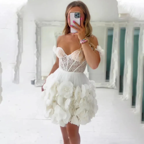 Abiti per feste di nozze di fiori 3d bianchi da sposa in pizzo mini sposa abiti da ballo per donne a bridemaids corto