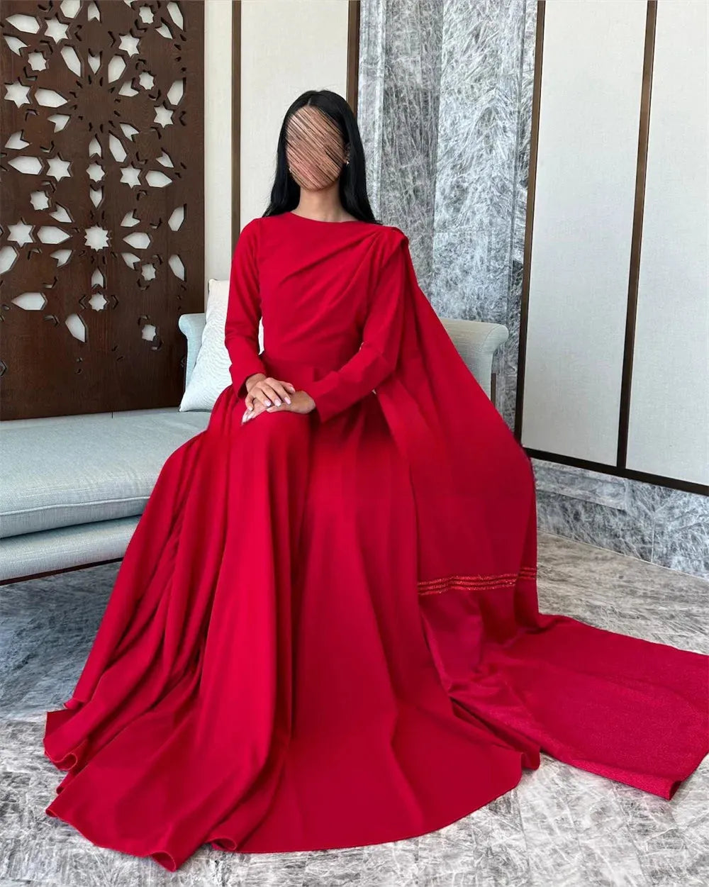 Red Square Collar Prom Dressess Satin A-line Vestidos De Noche Elegant Long Sleeves Floor-Length Long Shawl Graduation as pic