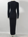 Sexy Women Heavy Industry Chain Drawstring Bandage Dress O-neck Long Sleeve Bodycon Midi Split Dress Evening Party Vestidos