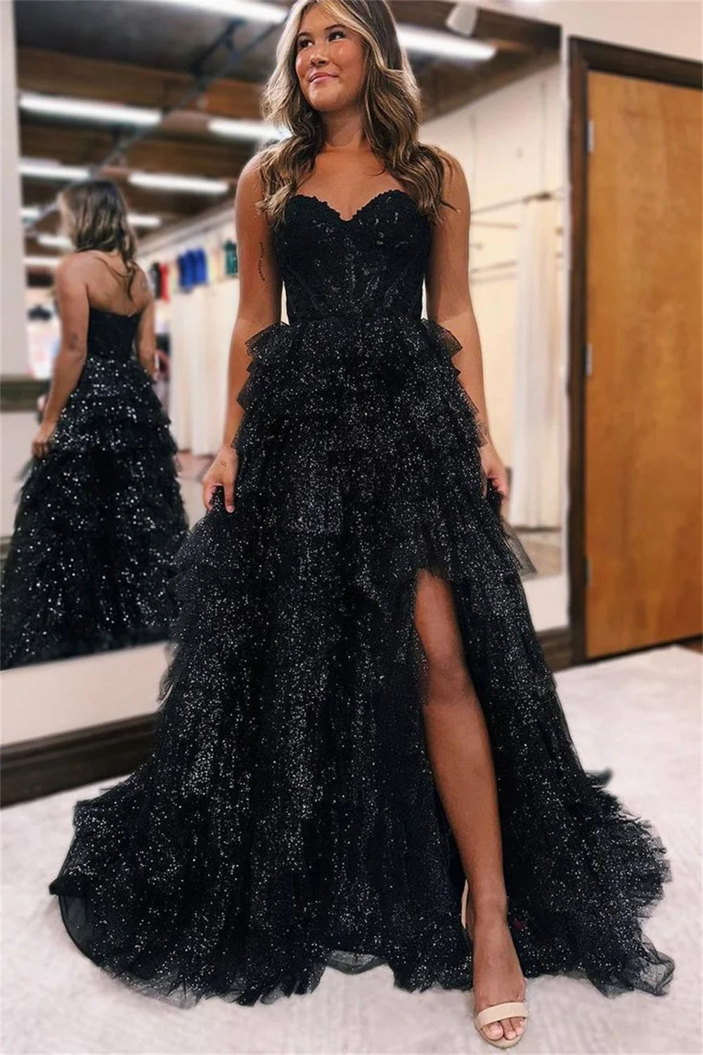 Vestido De fiesta De tul con dobladillo multicapa negro, mangas desmontables hinchadas, Vestidos De Novia sexys con abertura lateral alta, batas de soirée