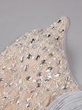 Elegant Beige Strapless Sleeveless Beaded Mesh Floral Details Dress for Fashion Event Gown