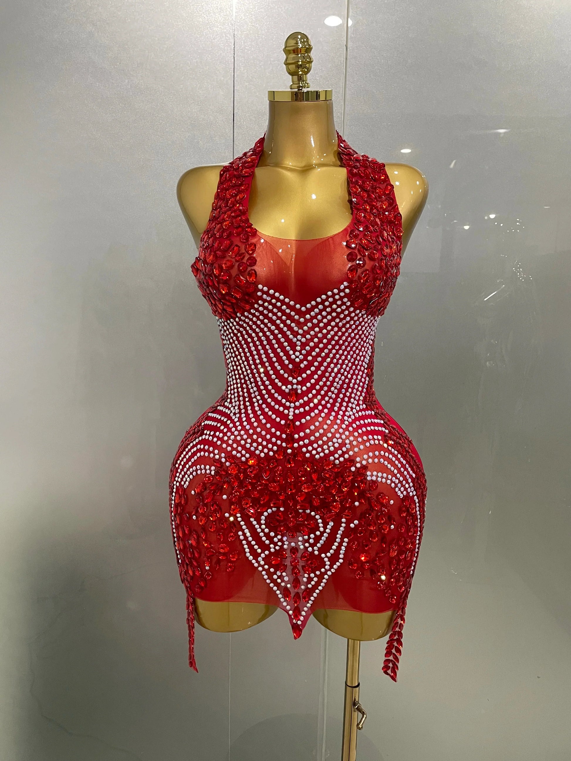 Sexy Sparkly Rhinestones Halter Backless Mesh Velour Short Dress Women Evening Prom Celebrate Birthday Party Stage Wear Red