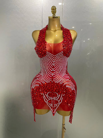 Sexy Sparkly Rhinestones Halter Backless Mesh Velour Short Dress Women Evening Prom Celebrate Birthday Party Stage Wear Red