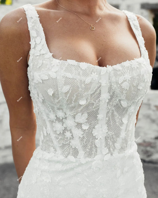 Booma – robe de soirée sirène blanche, sans manches, en dentelle, avec fente à fleurs, robes de soirée avec traîne détachable, robes de mariée pour femmes