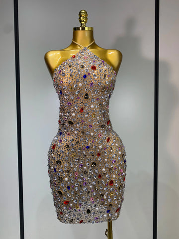 Colorful Crystals Diamond Women Sexy Halter Mesh See Through Bodycon Dress Nightclub Evening Party Celebrate Birthday Costume MULTI