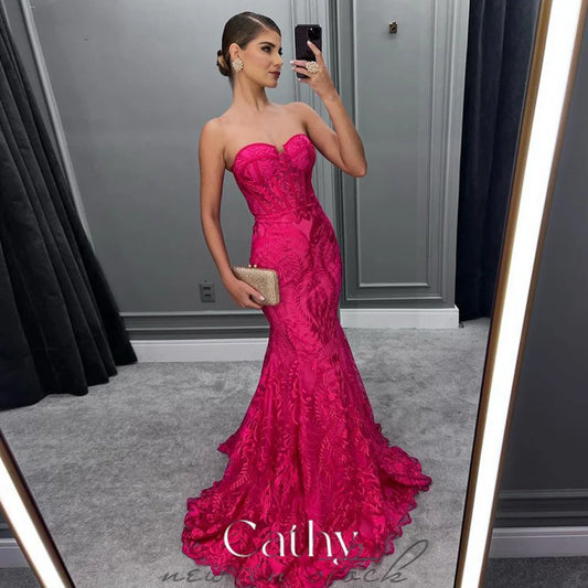 Hot Pink Fishtail Prom Dresses Full Body Lace Embroid Vestidos De Noche Luxury Prom Gown Sexy Mermaid فساتين السهرة