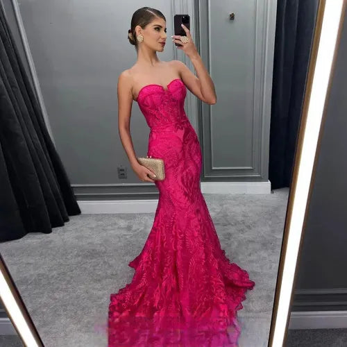 Hot Pink Fishtail Prom Dresses Full Body Lace Embroid Vestidos De Noche Luxury Prom Gown Sexy Mermaid فساتين السهرة hot pink