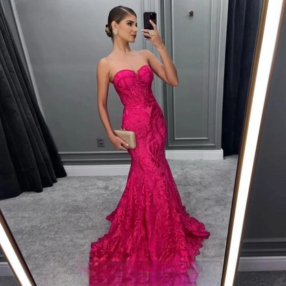 Hot Pink Fishtail Prom Dresses Full Body Lace Embroid Vestidos De Noche Luxury Prom Gown Sexy Mermaid فساتين السهرة