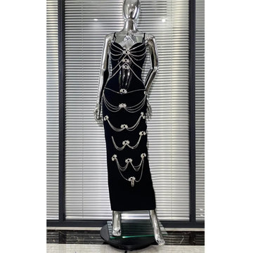 Luxury Woman Haute Couture Evening Dress Sparkling Diamonds Strapless Black Ankle Length Bandage Dress Birthday Party Outfit