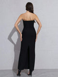 Sexy Strapless Diamond Sequin mesh Patchwork Bodycon Bandage Long Dress Women Fashion Celebrate Evening Party Gowns