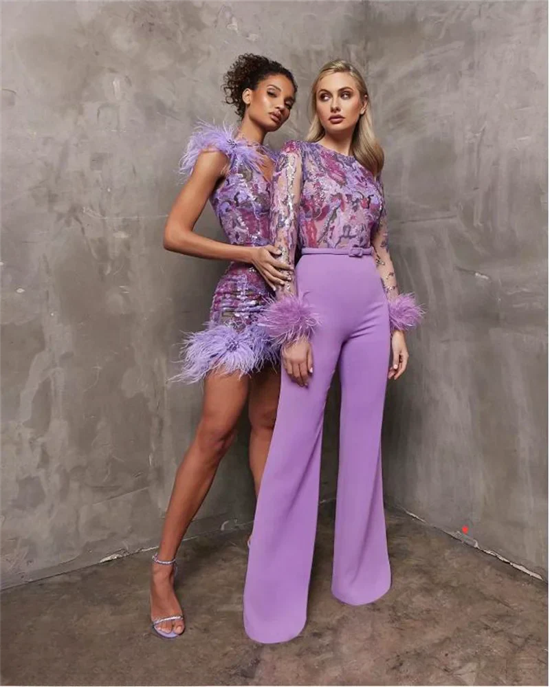 Gorgeous Feathers Shining Diamonds Violet Sequins Sleeveless Mini Dress Graceful Woman Evening Party Outfit