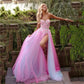 Pink Lace Appliques Tulle Prom Dresses Strapless A-line vestidos de noche Elegant Sleeveless Side Split Formal Evening