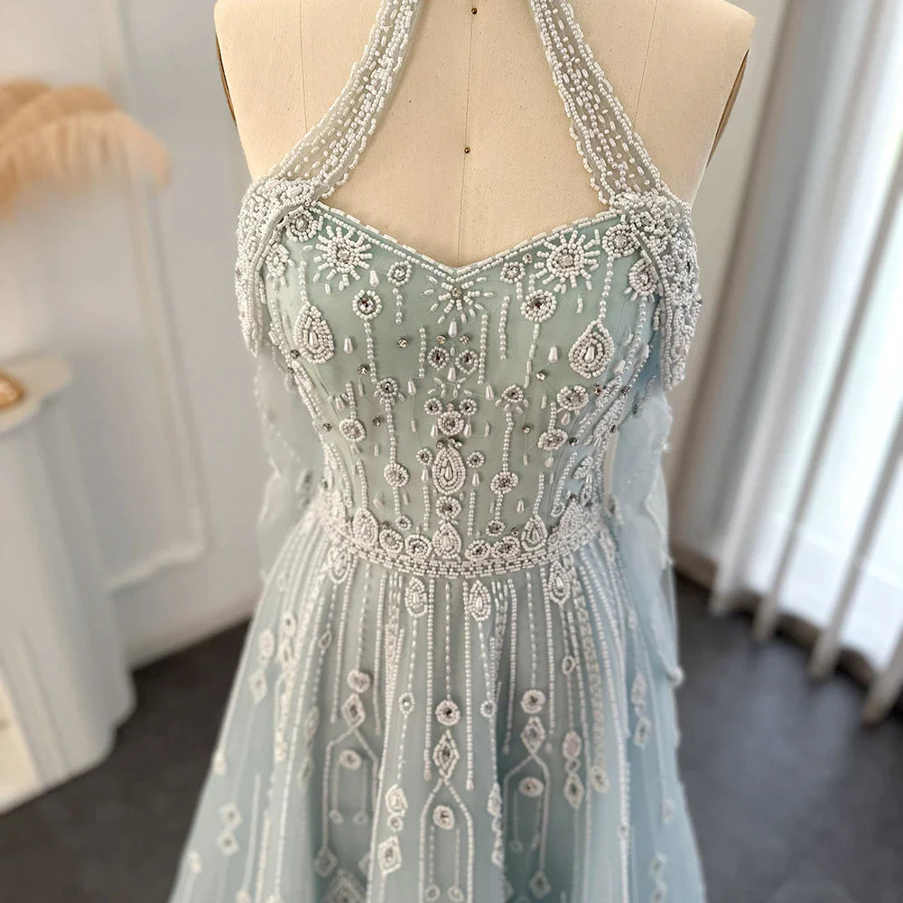 Robe de soirée de luxe bleu clair pour femmes, tenue de mariage élégante, épaules dénudées, perles, arabe, robes de soirée formelles 