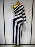 Luxury Birthday Dresses Women Sexy One Shoulder Striped High Split Jacquard Maxi Bandage Long Dress Elegant Evening Party Gown
