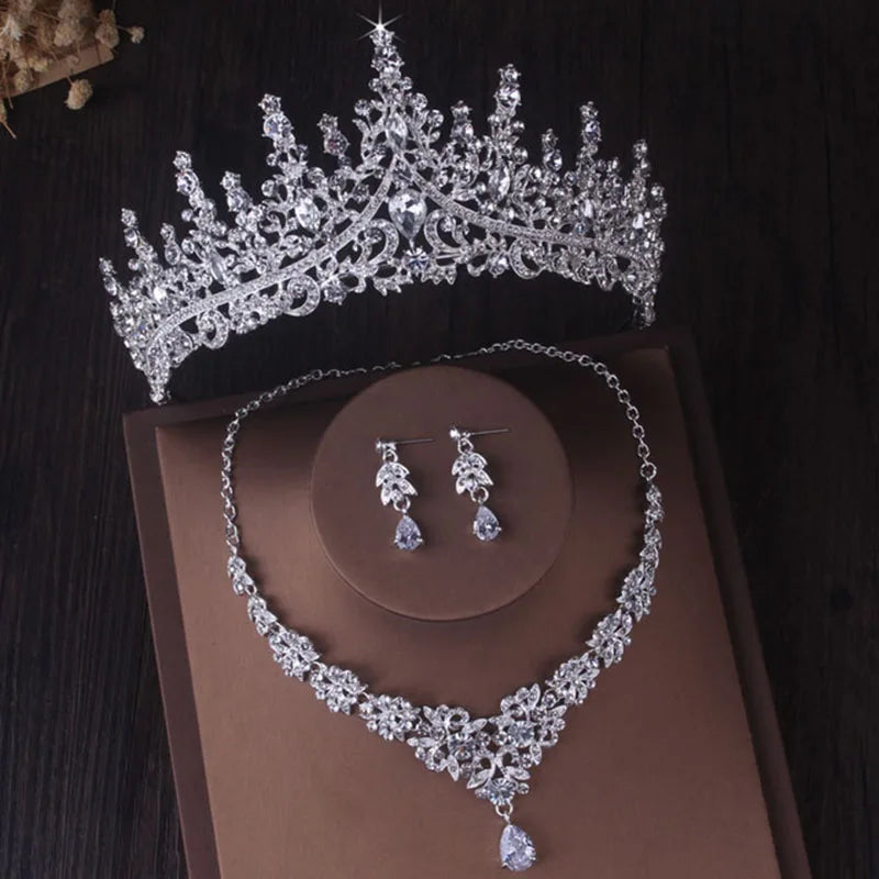 Luxury Silver Color Crystal Water Drop Bridal Jewelry Sets Rhinestone Tiaras Crown Necklace Earrings Wedding Dubai Jewelry Set TS-0002-I-XL-0001-A Tiaras