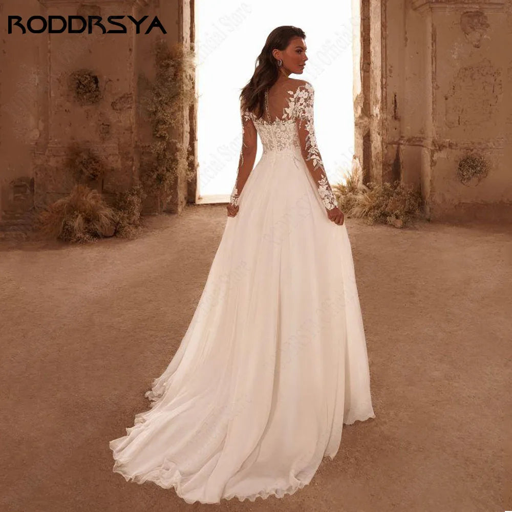 RODDRSYA Boho فستان زفاف بأكمام طويلة شيفون مزين برقبة سكوب وزر خلفي على شكل حرف a زي العرائس Vestido De Novia