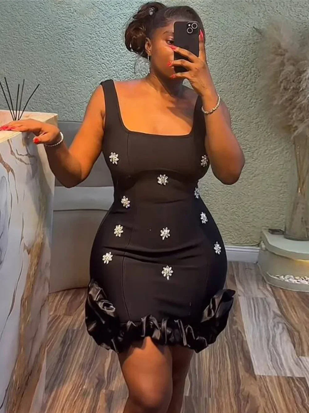 Spliced Diamonds Flower Bandage Mini Dress For Women Solid Color Sleeveless Bodycon Party Dresses Female