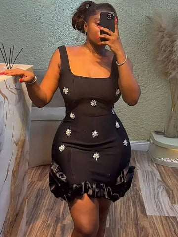 Spliced Diamonds Flower Bandage Mini Dress For Women Solid Color Sleeveless Bodycon Party Dresses Female