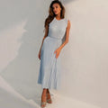 Listing Elegant Striped Knit Dress Women O-neck Sleeveless A-line Dresses Club Evening Party Midi Vestido