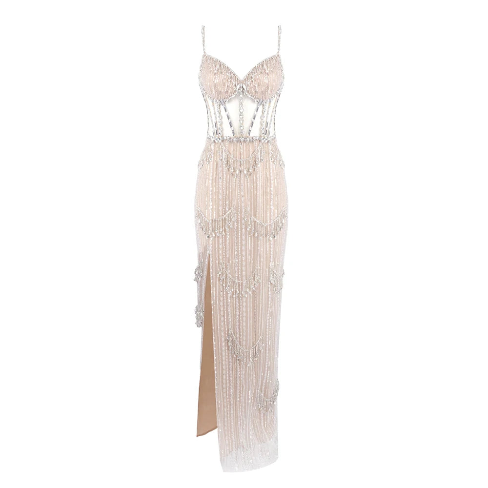 Glamorous Silver Sequin Spaghetti Strap Maxi Dress Gown with Cut-Out Detail and High Slit for Red-Carpet Galas Beige