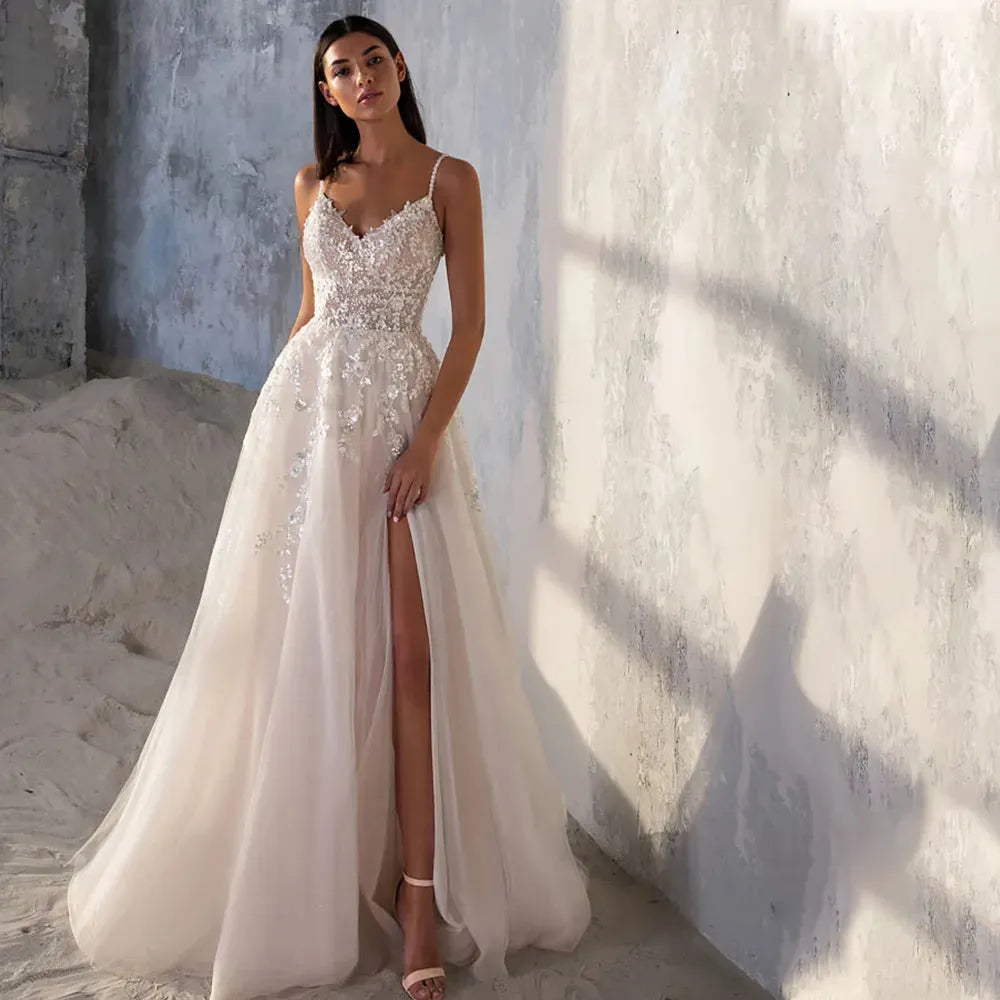 Spaghetti Strap Wedding Dress A-Line Sleeveless Side Slit Lace Appliques Backless Custom Made To Measures Robe De Mariee Beach 14w