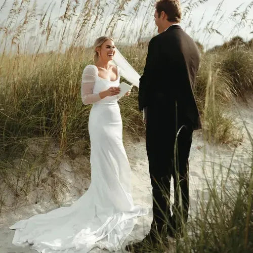 Chic Mermaid Wedding Dress Square Collar Long Net Sleeves Spandex Bridal Gowns Robe De Mariee Vestidos De Novia Custom Made 14w