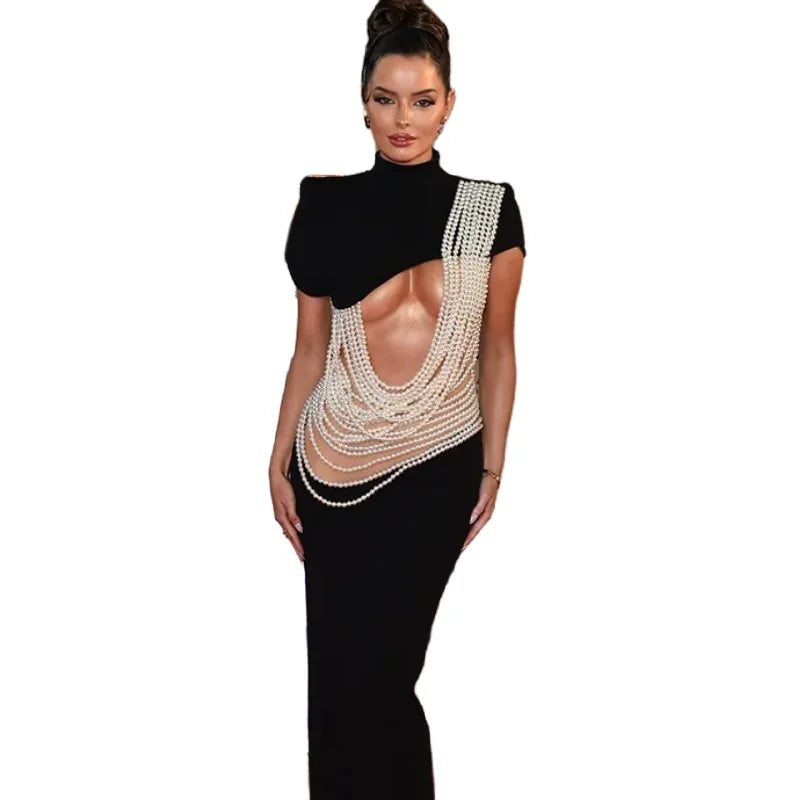 Pearl String Sexy Hollow Out Black Velvet Long Dress Elegant Woman Evening Party Dress Red Carpet Goddess Vestido black