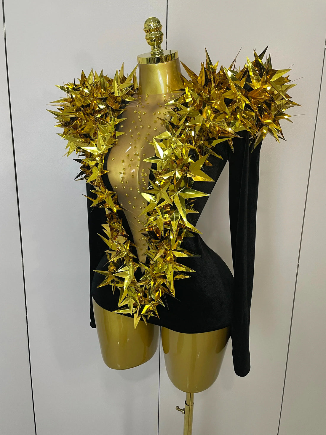 Shiny Gold Rhinestone Black Velvet Long Sleeve Bodysuit Women Evening Party Club Gala Hosts NightClub Bar Stage Costumes Gold