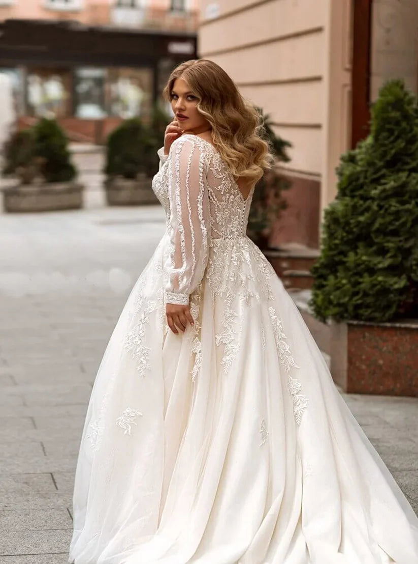 Cantik A-Line Plus Size Wedding Dresses Tulle Lengan Panjang Pengantin Gaun Sweep Keretapi Overssize Bride Dress Robe de Mariee