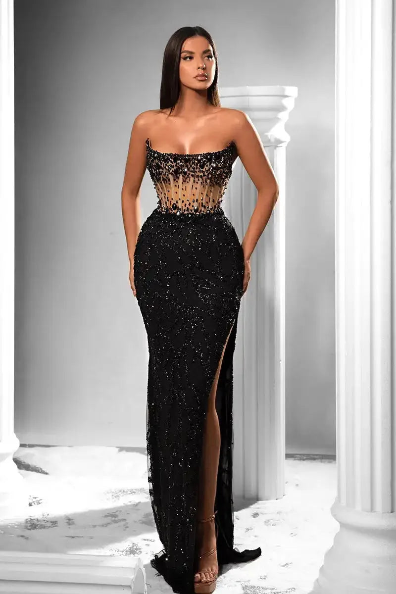 Black Evening Dresses Beaded Illusion Strapless Mermaid Sequined Sparkly High Slit Sexy Formal Party Wedding Prom Gowns Custom Black