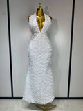 Women Sexy Backless Halter V-neck Florals Bodycon Long Dress Celebrate White Elegant Evening Party Luxury Birthday Outfit WHITE