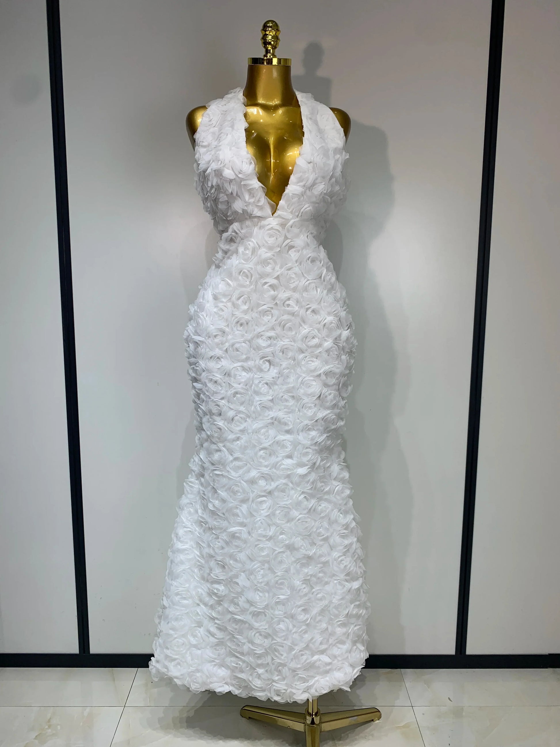 Women Sexy Backless Halter V-neck Florals Bodycon Long Dress Celebrate White Elegant Evening Party Luxury Birthday Outfit WHITE