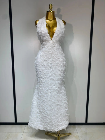 Women Sexy Backless Halter V-neck Florals Bodycon Long Dress Celebrate White Elegant Evening Party Luxury Birthday Outfit WHITE