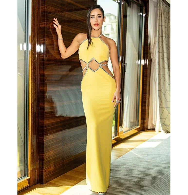 Lemon Yellow Sexy Hollow Out Sparkling Diamonds Ankle Length Bandage Dress Elegant Woman Evening Party Outfit