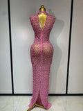 Sparkly Rhinestone Sleeveless Maxi Long Dress Sexy Mesh See Through Luxury Birthday Dress Evening Party Singer Stage Outfit